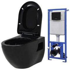   Fekete falra szerelhető kerámia WC rejtett öblítőtartállyal